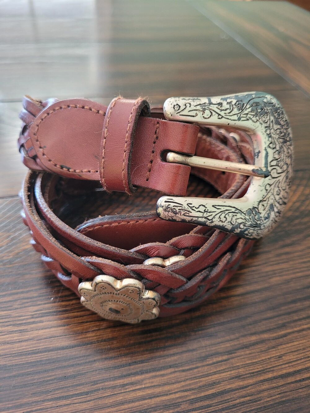 Fossil Conch Braided Leather Belt Size L Silver Tone Cowgirl Boho Rodeo